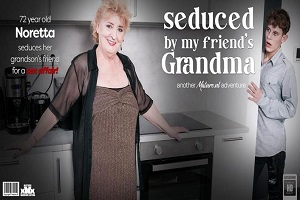 Noretta – Curvy 72 12 months previous granny Noretta seduces her grandson’s finest good friend to fuck her laborious on the sofa